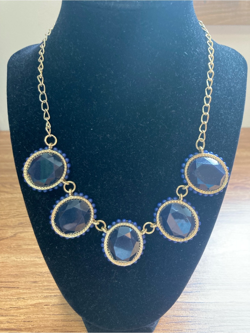 Goldtone & Dark Blue Stones Statement Necklace